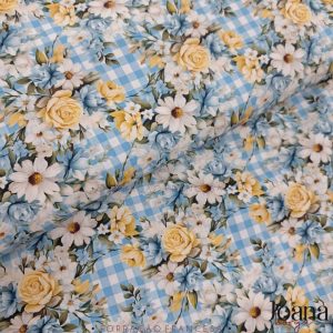 TECIDO DIGITAL  XADREZ AZUL COM FLORES