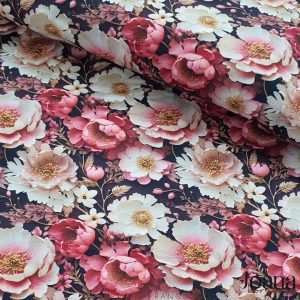 TECIDO 3D FLORES FUNDO VINHO - ALGODÃO DIGITAL 0,50X1,50 CM - 3 D