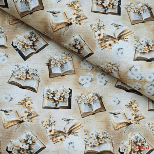 TECIDO DIGITAL FLORES E LIVROS - COLEÇÃO SECRET PLACE POR JOANA BORGA