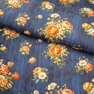 TECIDO DIGITAL 3D FLORES COM FUNDO AZUL