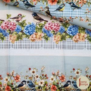 TECIDO DIGITAL BARRADO PASSAROS E FLORES