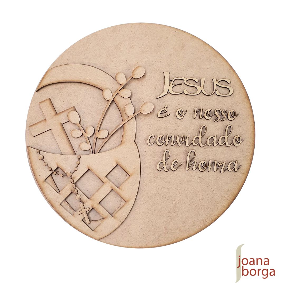 PLACA REDONDA COM CESTA CRUZ, TERÇO E FRASE
