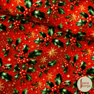 TECIDO DE NATAL AZEVINHAS FUNDO VERMELHO